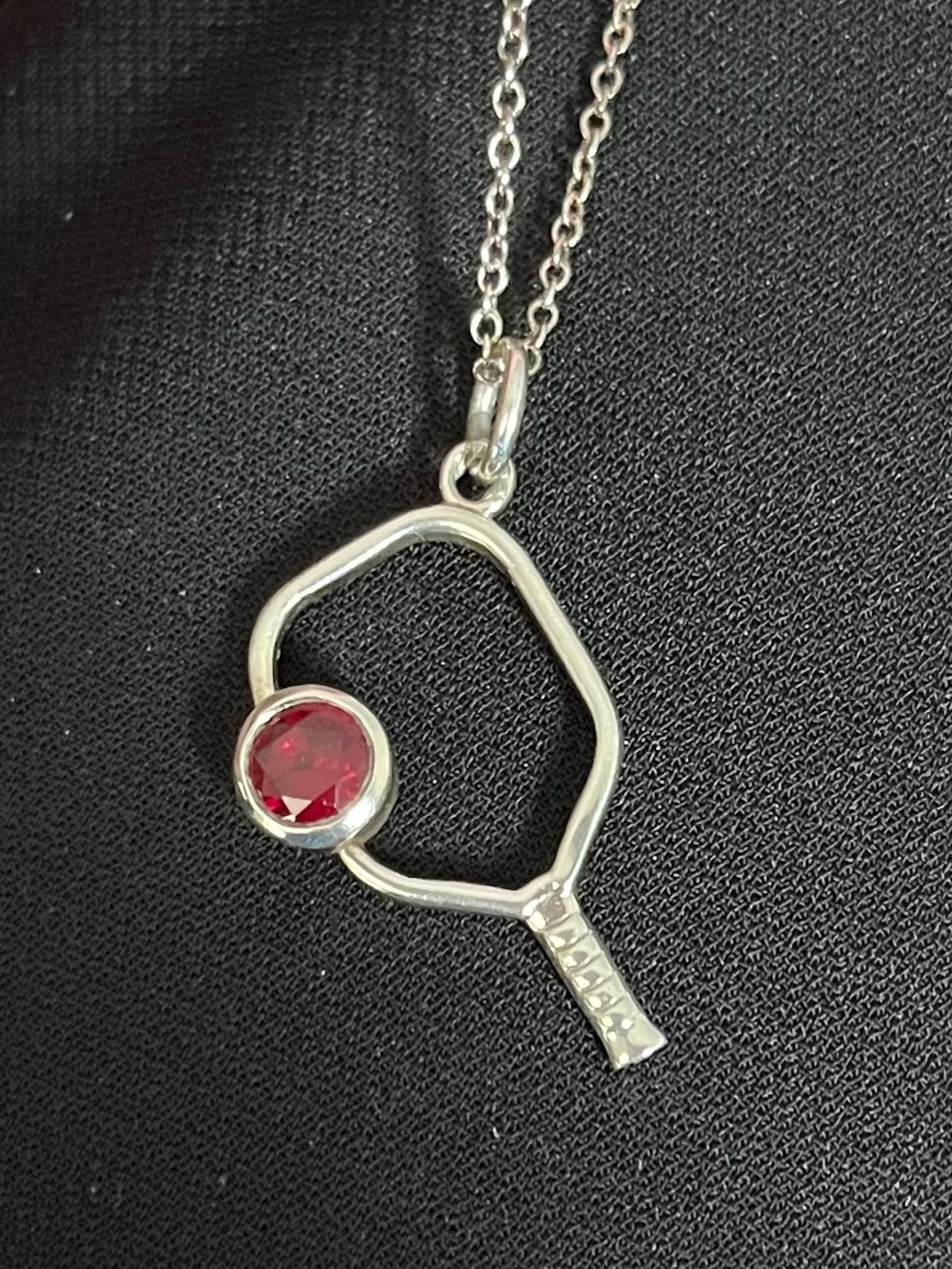 Born to Rally Pickleball Racquet Sterling Silver Necklace with Red Gem